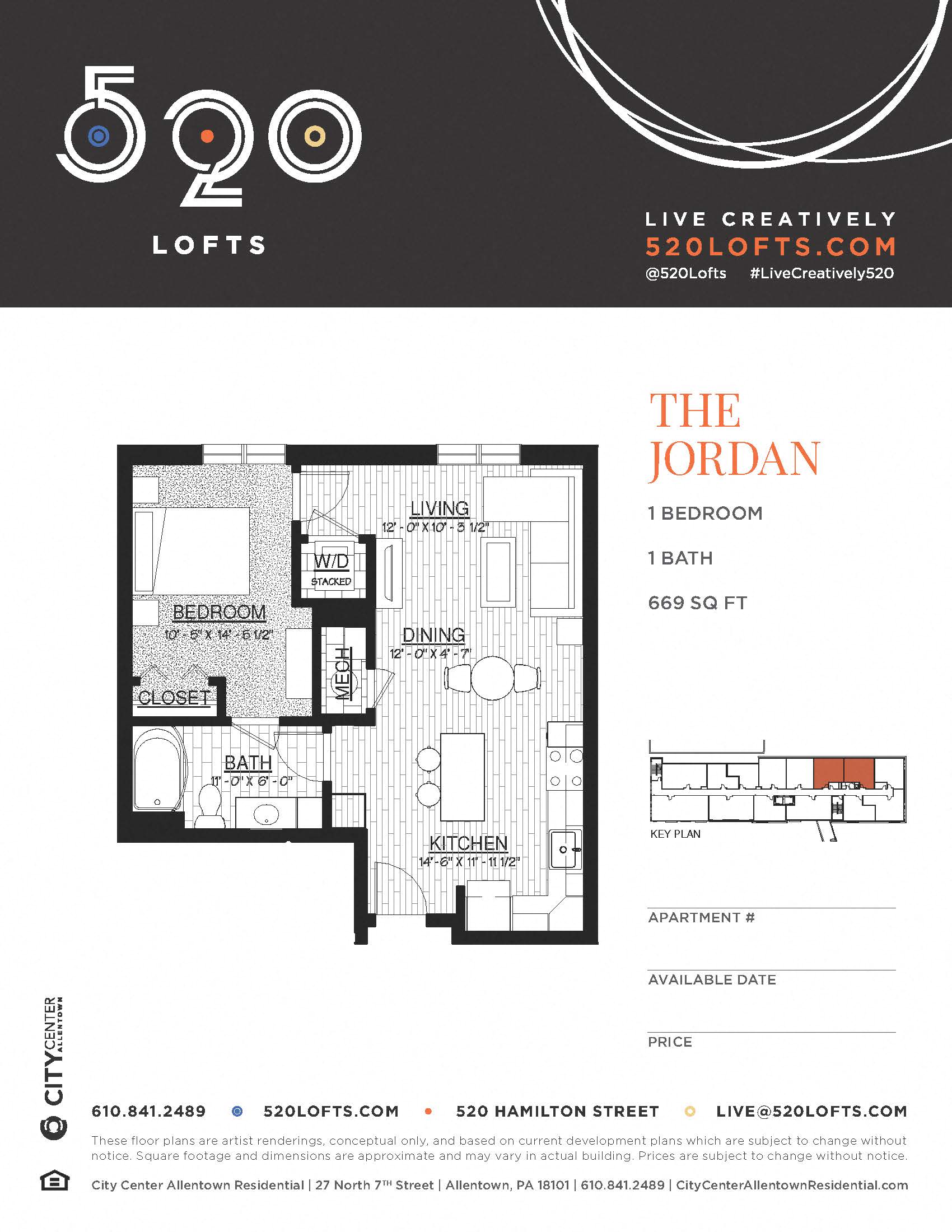 Floor plan for 1 bed, 1 bath, 669 sqft